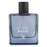 Blauwe glazen parfumfles met zwarte dop van Parfum Cadet Blue